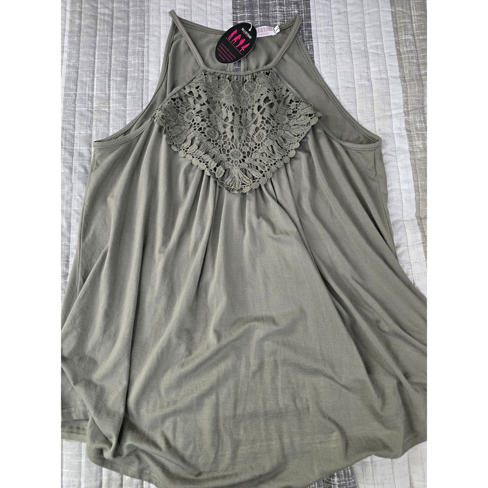 NWT Bluetime Olive Green Crochet Lace Back Tank Top Boho Large